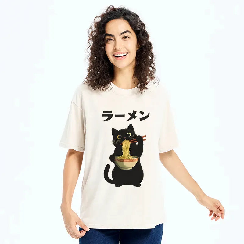 Kyoto-Lion Black Cat Ate A Large Bowl Of Ramen Washed T-Shirt