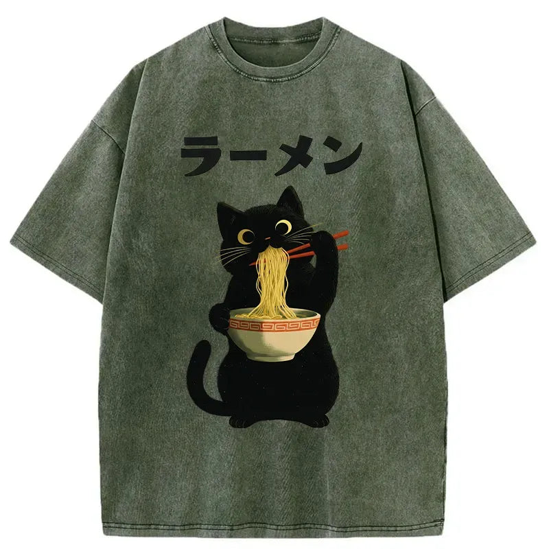 Vintage Washed Cat Ramen Tee for Streetwear