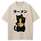 Kyoto-Lion Black Cat Ate A Large Bowl Of Ramen Washed T-Shirt