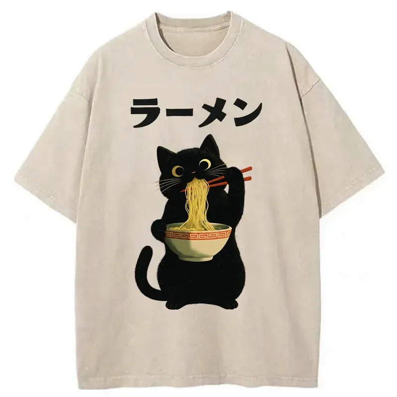 Kyoto-Lion Black Cat Ate A Large Bowl Of Ramen Washed T-Shirt