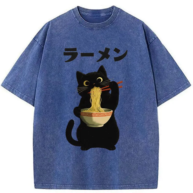 Kyoto-Lion Black Cat Ate A Large Bowl Of Ramen Washed T-Shirt