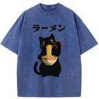 Kyoto-Lion Black Cat Ate A Large Bowl Of Ramen Washed T-Shirt