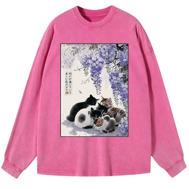 Kyoto-Lion Cats plotting under the wisteria Washed Long Sleeve T-Shirt