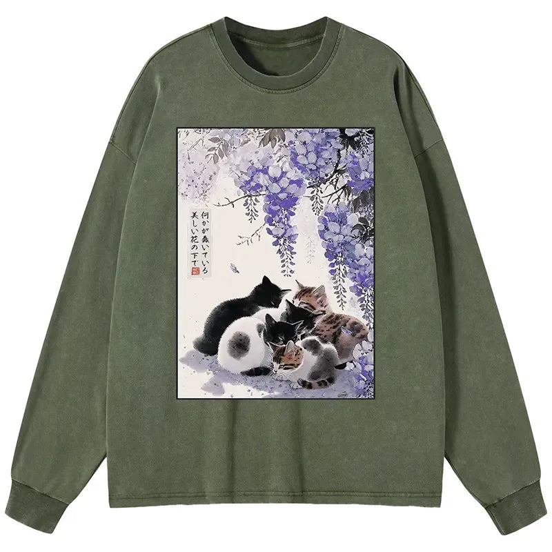 Kyoto-Lion Cats plotting under the wisteria Washed Long Sleeve T-Shirt