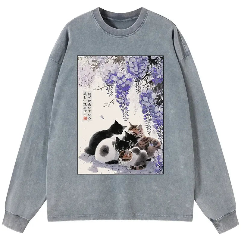 Kyoto-Lion Cats plotting under the wisteria Washed Long Sleeve T-Shirt