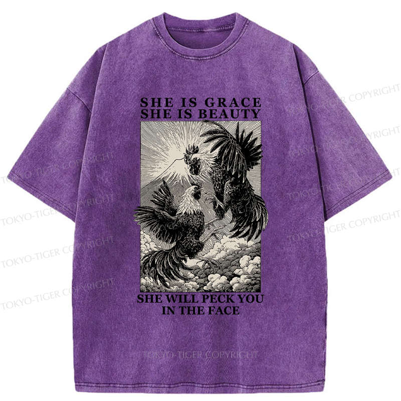 Kyoto-Lion Funny Vintage Woodblock Chicken And Mountain Washed T-Shirt