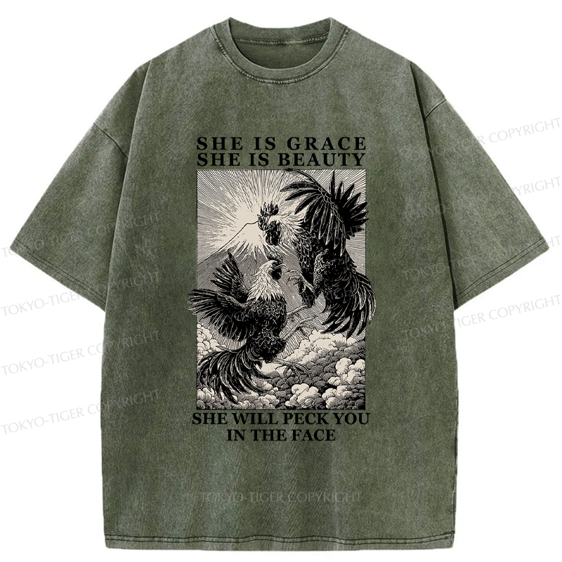 Kyoto-Lion Funny Vintage Woodblock Chicken And Mountain Washed T-Shirt
