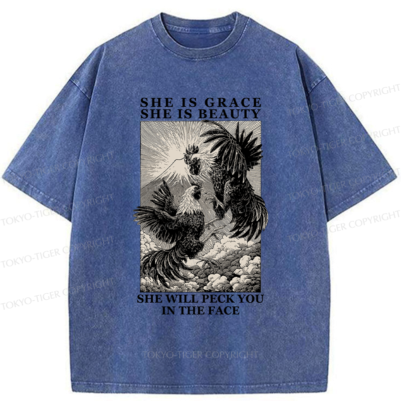 Kyoto-Lion Funny Vintage Woodblock Chicken And Mountain Washed T-Shirt