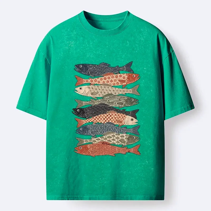 Kyoto-Lion Patterned Stack Fish Japanese Block Print Washed T-Shirt