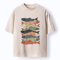 Kyoto-Lion Patterned Stack Fish Japanese Block Print Washed T-Shirt