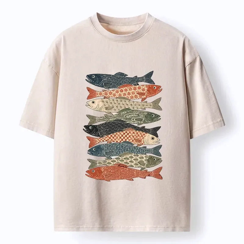Kyoto-Lion Patterned Stack Fish Japanese Block Print Washed T-Shirt