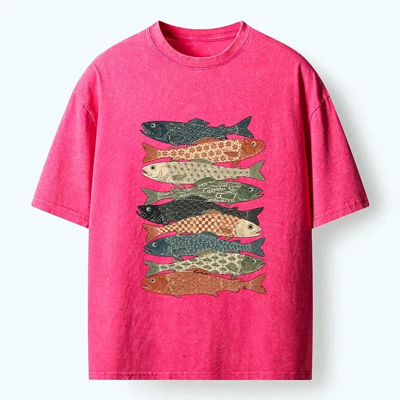 Kyoto-Lion Patterned Stack Fish Japanese Block Print Washed T-Shirt