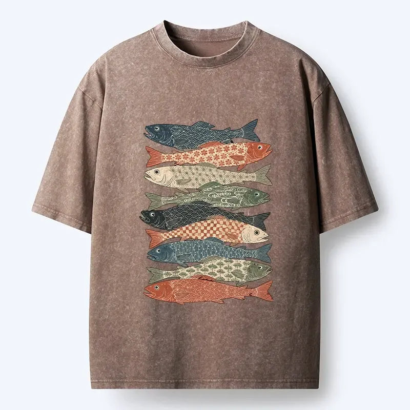 Kyoto-Lion Patterned Stack Fish Japanese Block Print Washed T-Shirt