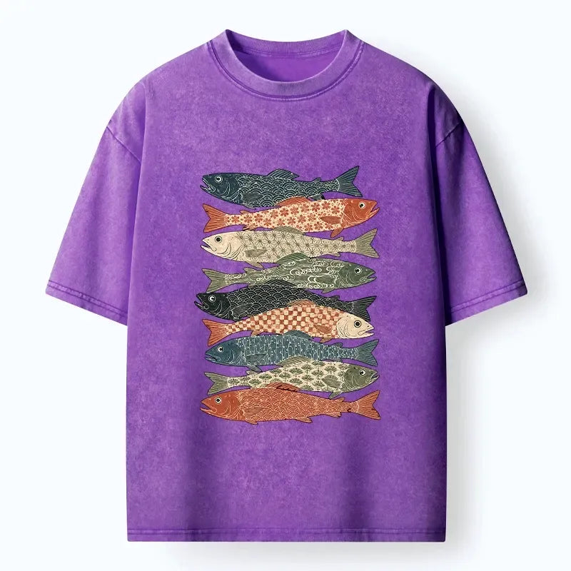 Kyoto-Lion Patterned Stack Fish Japanese Block Print Washed T-Shirt