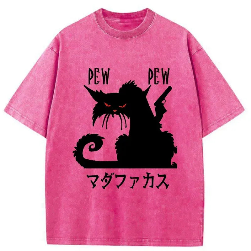 Kyoto-Lion Angry Japanese Cat Funny Washed T-Shirt