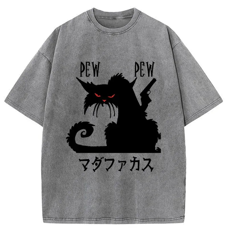 Kyoto-Lion Angry Japanese Cat Funny Washed T-Shirt