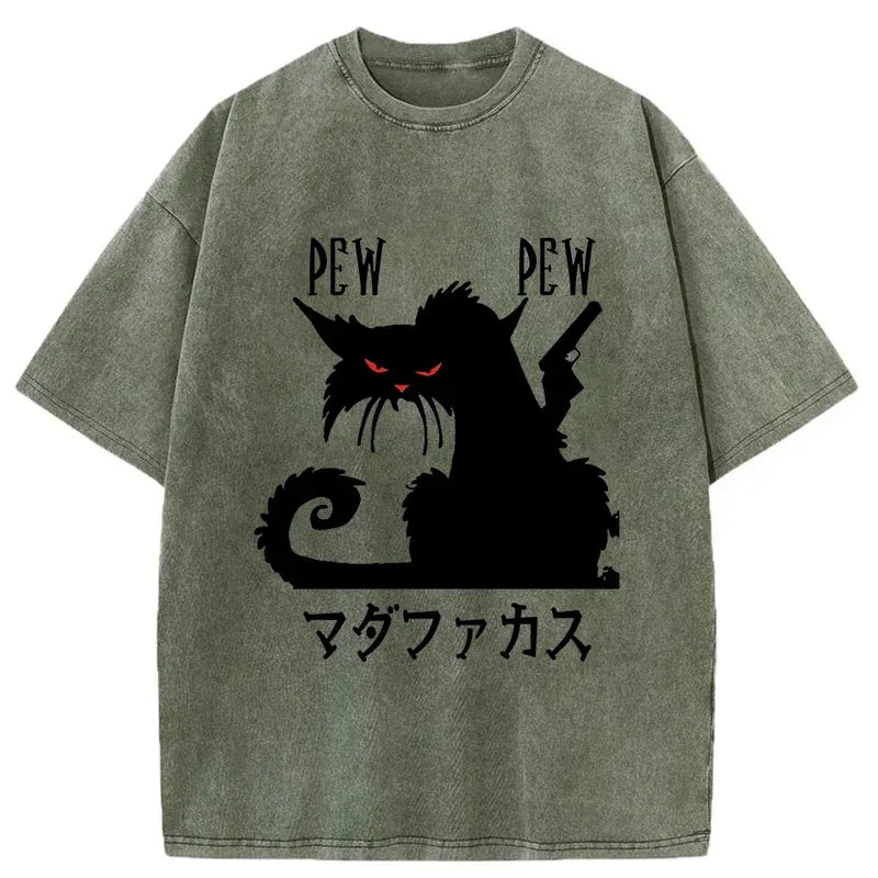 Kyoto-Lion Angry Japanese Cat Funny Washed T-Shirt
