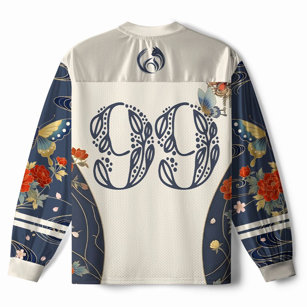 Kyoto-Lion Peony Butterfly Kimono Cat Paneled Long Sleeve Jersey