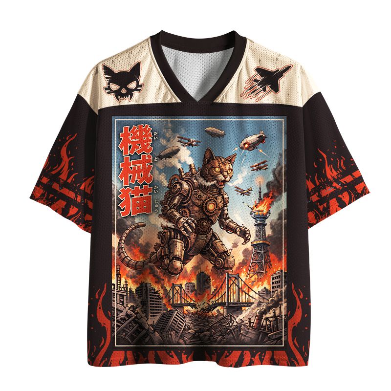 Kyoto-Lion Retro Steampunk Mecha Cat Monster Graphic Mesh Mesh Jersey
