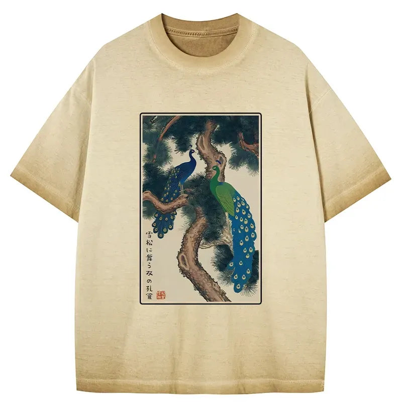 Kyoto-Lion Peacocks in Snowy Pines Gradient Washed T-Shirt