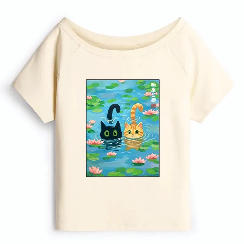 Kyoto-Lion Cats In The Lotus Pond Off Shoulder T-Shirt