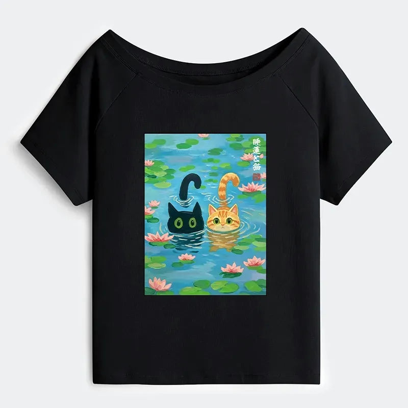 Kyoto Cat Lotus Pond Tee for Vacation