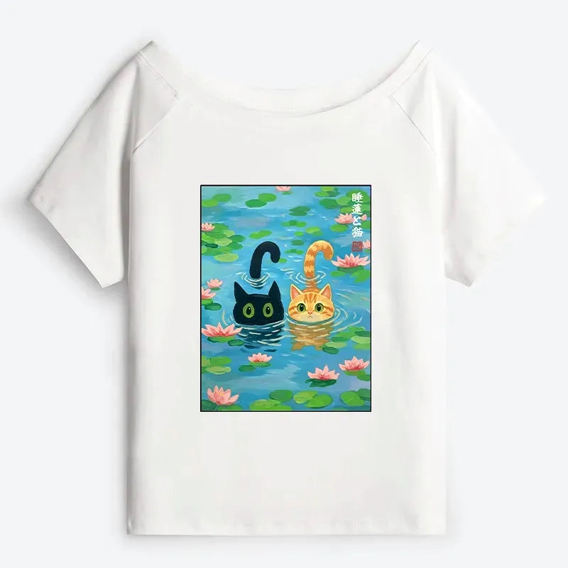 Kyoto-Lion Cats In The Lotus Pond Off Shoulder T-Shirt