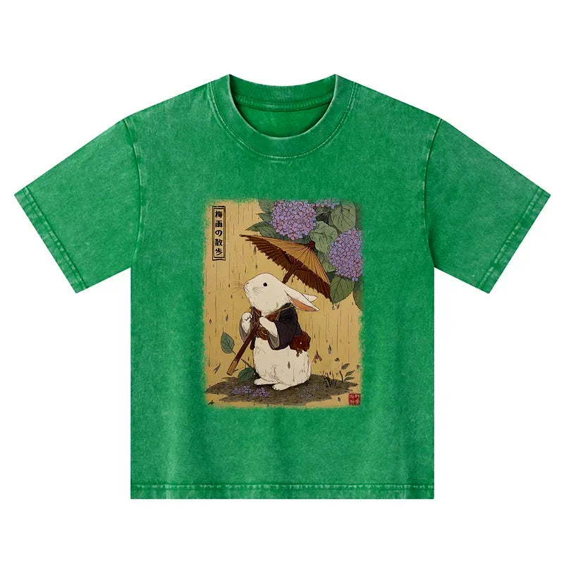 Kyoto-Lion Ukiyoe Rainy Stroll Bunny Kids Washed T-Shirt