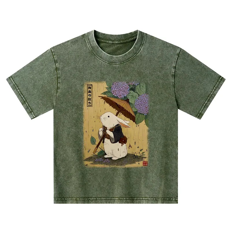 Kyoto-Lion Ukiyoe Rainy Stroll Bunny Kids Washed T-Shirt