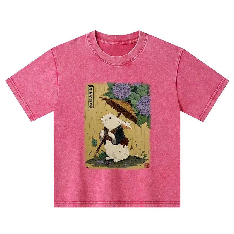 Kyoto-Lion Ukiyoe Rainy Stroll Bunny Kids Washed T-Shirt