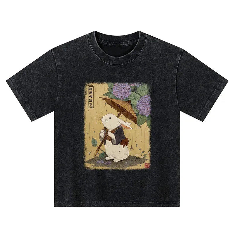 Kyoto-Lion Ukiyoe Rainy Stroll Bunny Kids Washed T-Shirt
