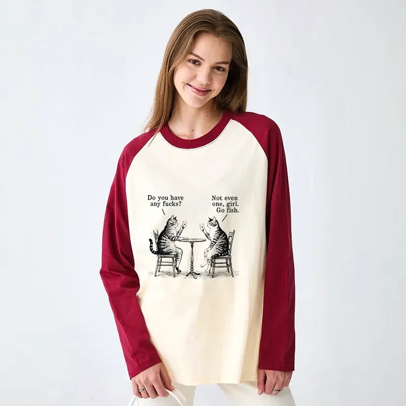 Kyoto-Lion Cat Poker Night Raglan Long Sleeve T-shirt