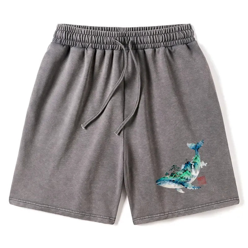 Kyoto-Lion Whale Ink Painting Landscape Washed Shorts