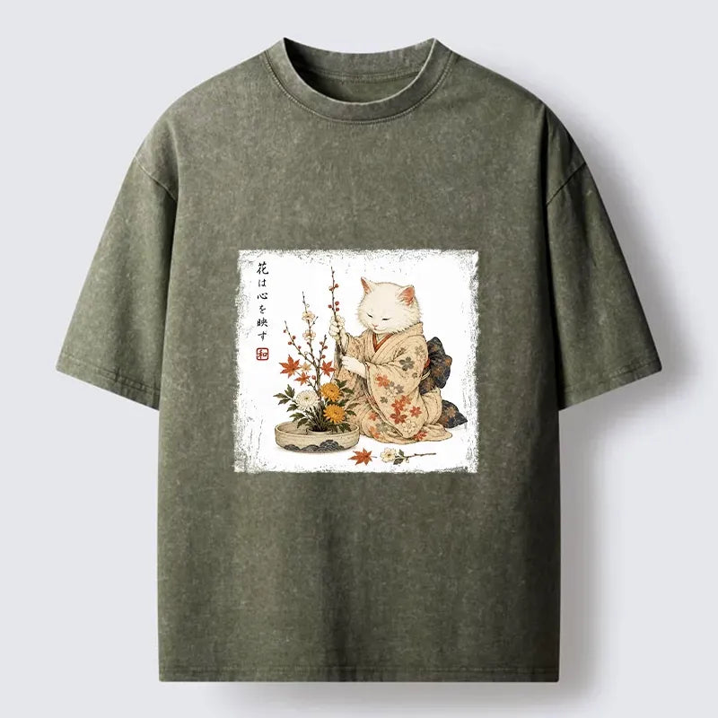 Kyoto-Lion Vintage Ink Cat Flower Craft Meme Washed T-Shirt