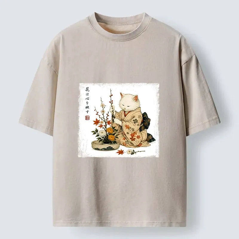 Kyoto-Lion Vintage Ink Cat Flower Craft Meme Washed T-Shirt