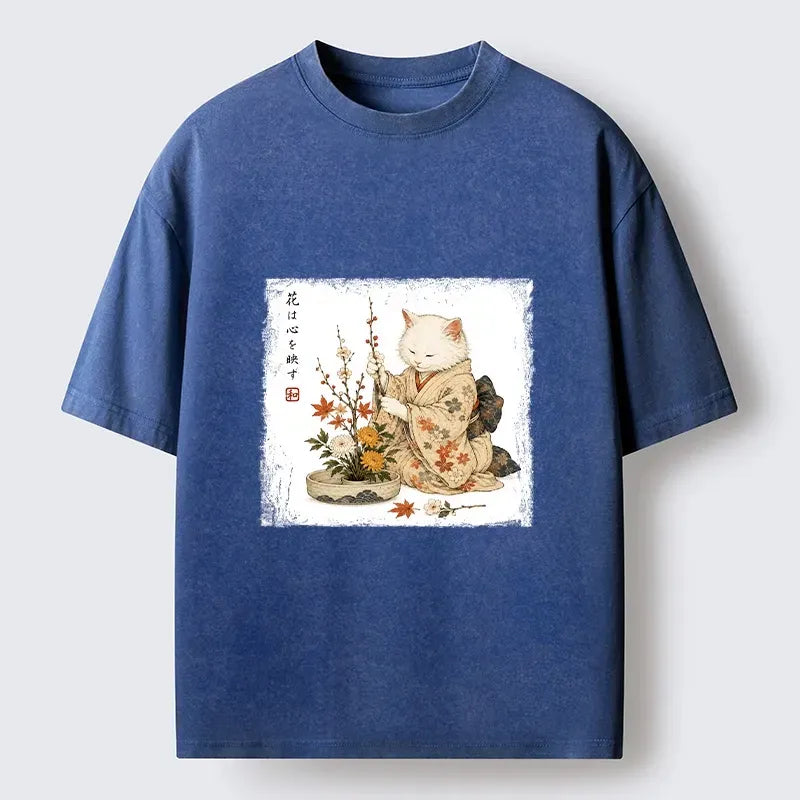 Kyoto-Lion Vintage Ink Cat Flower Craft Meme Washed T-Shirt