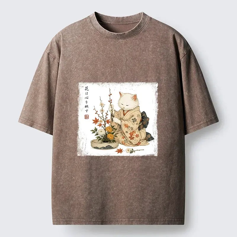 Kyoto-Lion Vintage Ink Cat Flower Craft Meme Washed T-Shirt