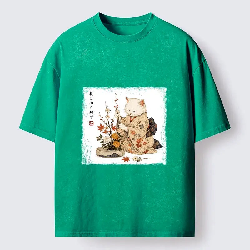 Kyoto-Lion Vintage Ink Cat Flower Craft Meme Washed T-Shirt