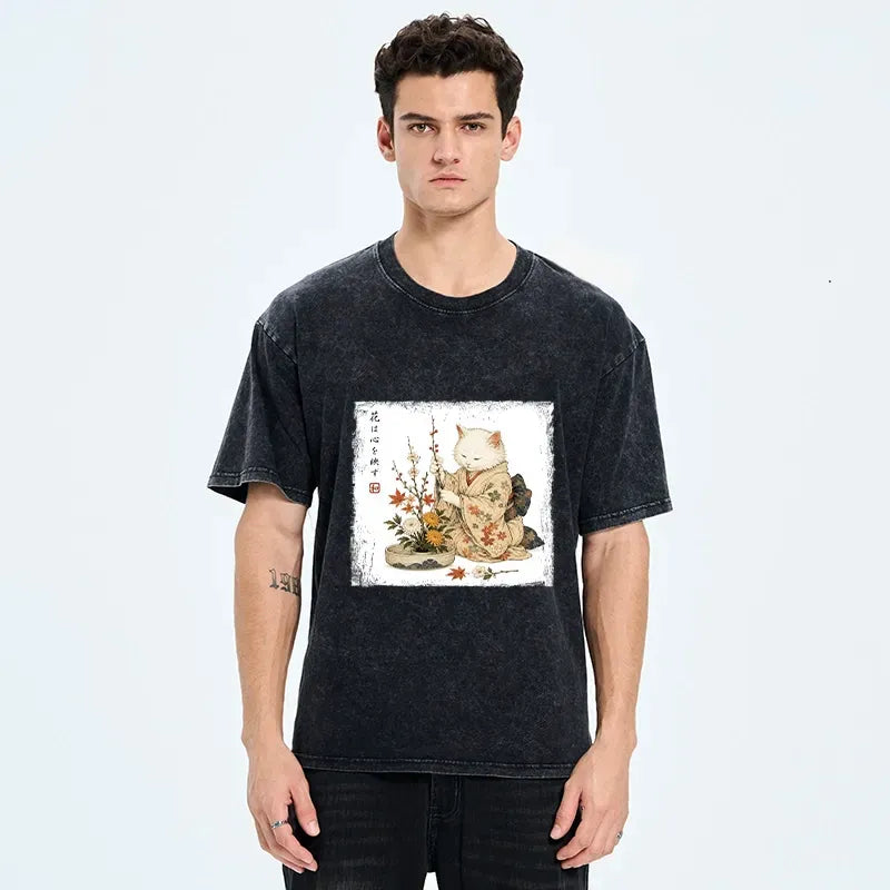 Japanese vintage cat t-shirt free shipping