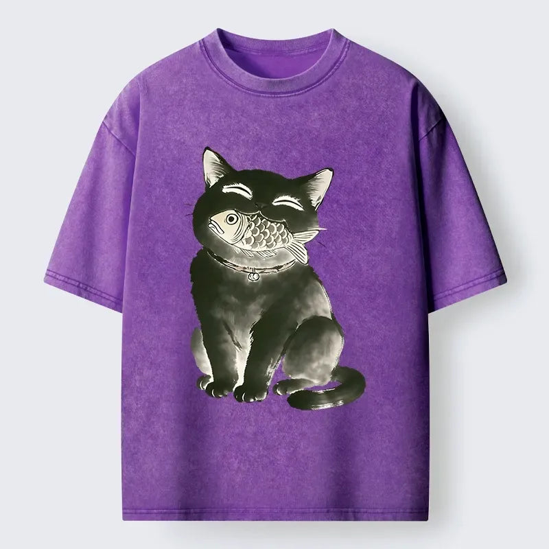 Kyoto-Lion Black Cat Delightful Feast Washed T-Shirt