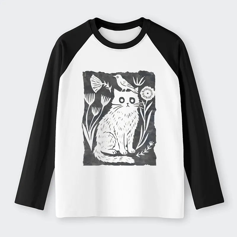 Kyoto-Lion Folk Paper Cut Cat Bird Floral Art Raglan Long Sleeve T-shirt