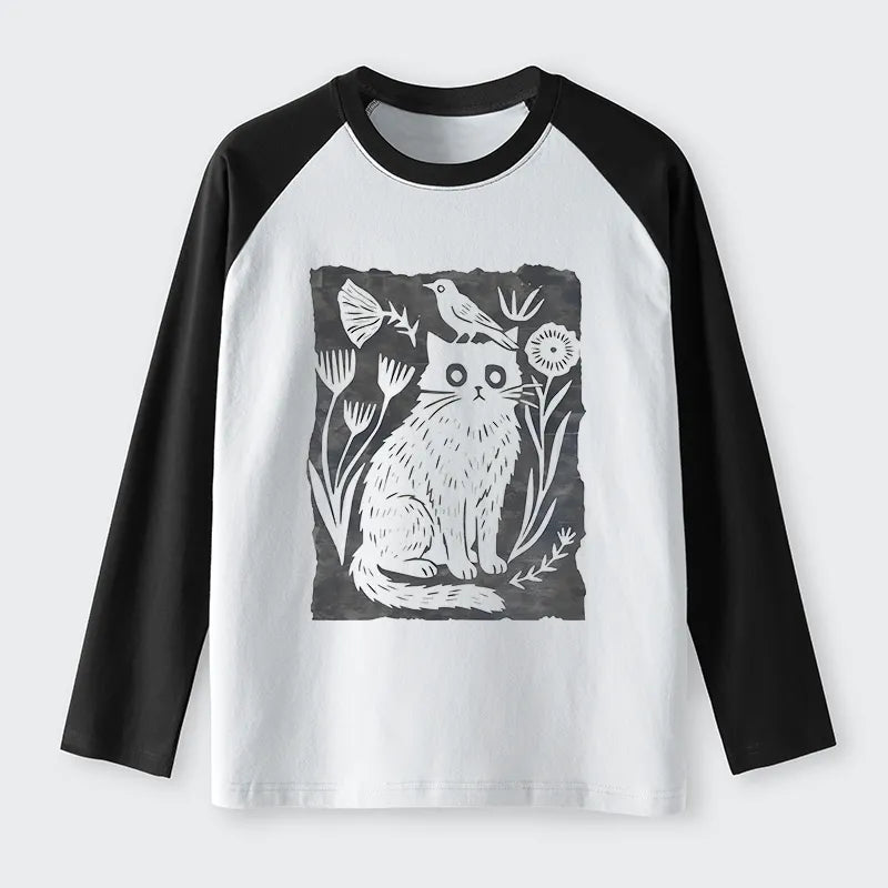 Kyoto-Lion Folk Paper Cut Cat Bird Floral Art Raglan Long Sleeve T-shirt