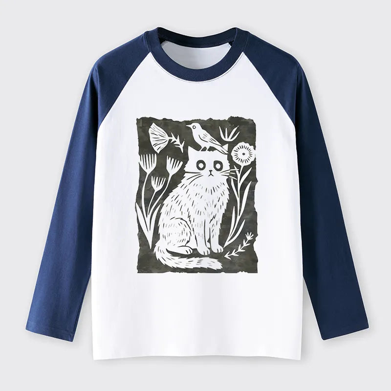 Kyoto-Lion Folk Paper Cut Cat Bird Floral Art Raglan Long Sleeve T-shirt
