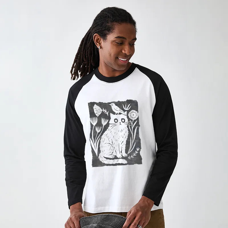 Kyoto-Lion Folk Paper Cut Cat Bird Floral Art Raglan Long Sleeve T-shirt