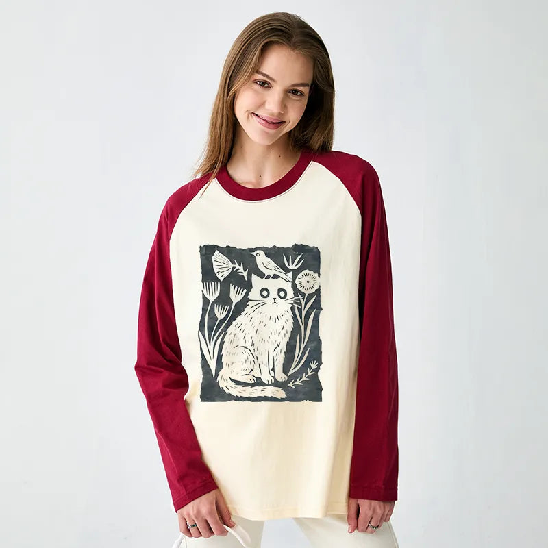 Kyoto-Lion Folk Paper Cut Cat Bird Floral Art Raglan Long Sleeve T-shirt