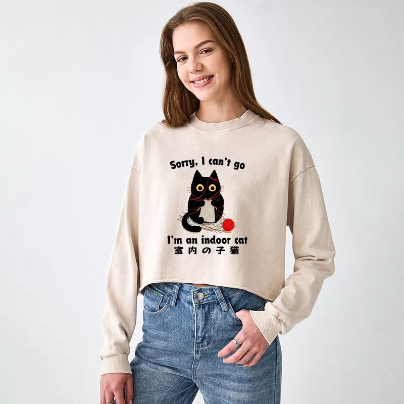 Kyoto-Lion Indoor Cat Meme Washed Crop Sweatshirt