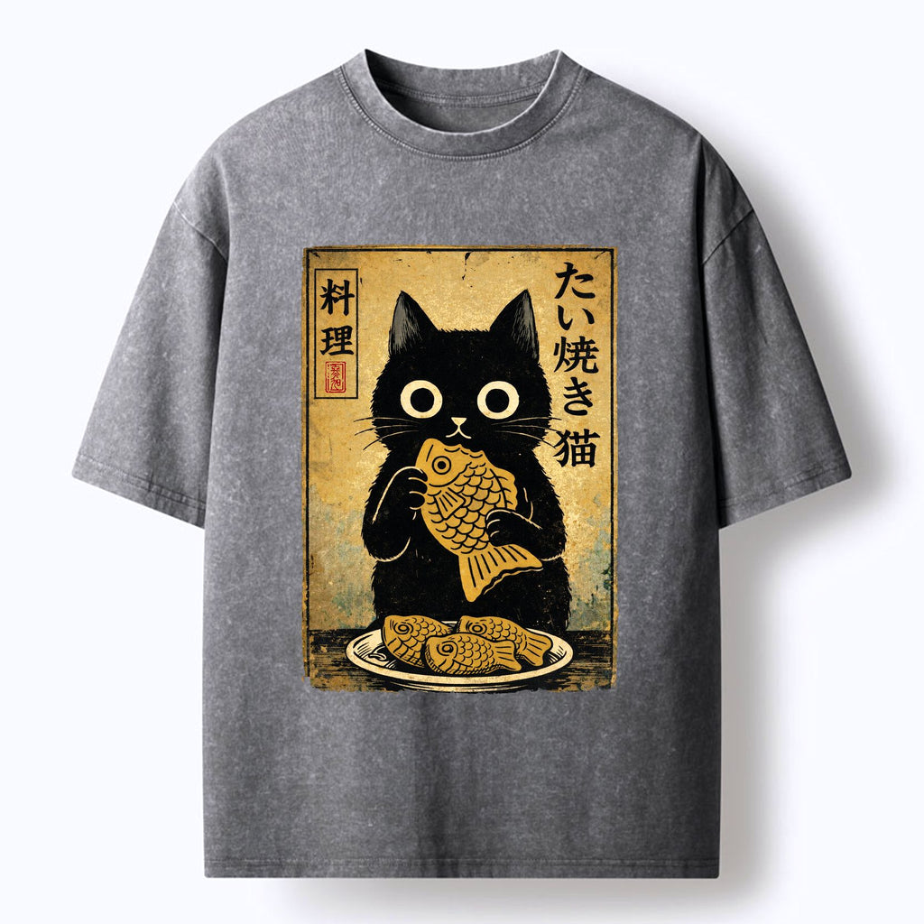 japanese washed t-shirt with cute cat