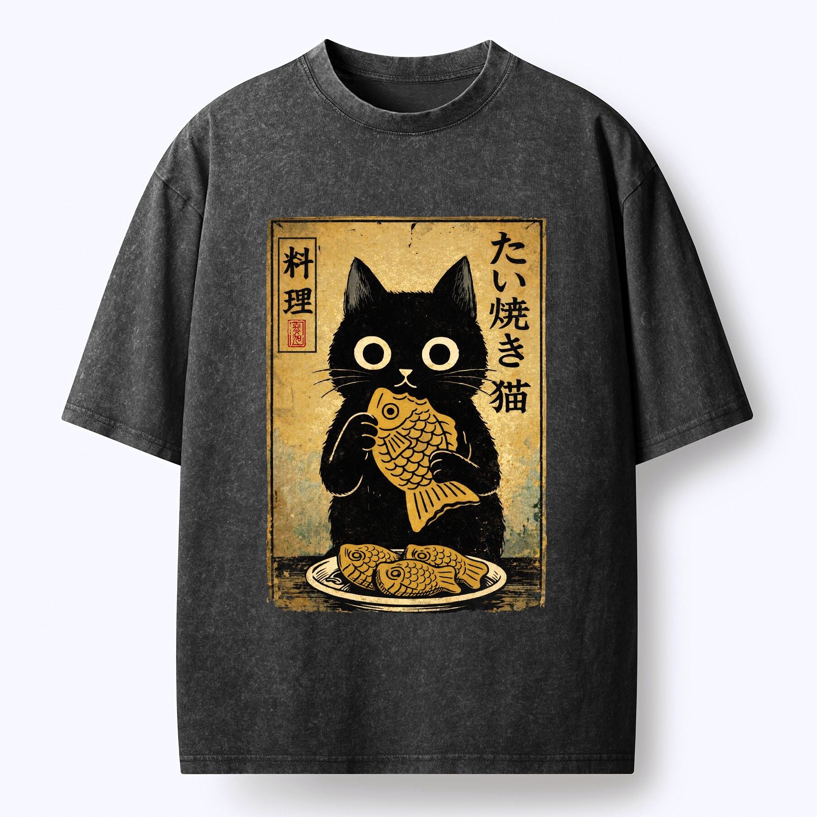 japanese washed t-shirt with cute cat