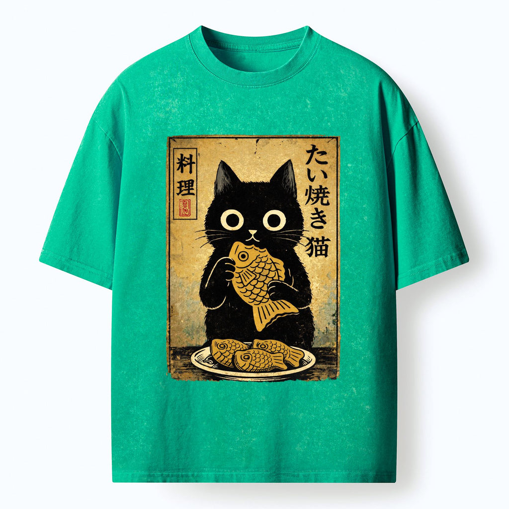 japanese washed t-shirt with cute cat