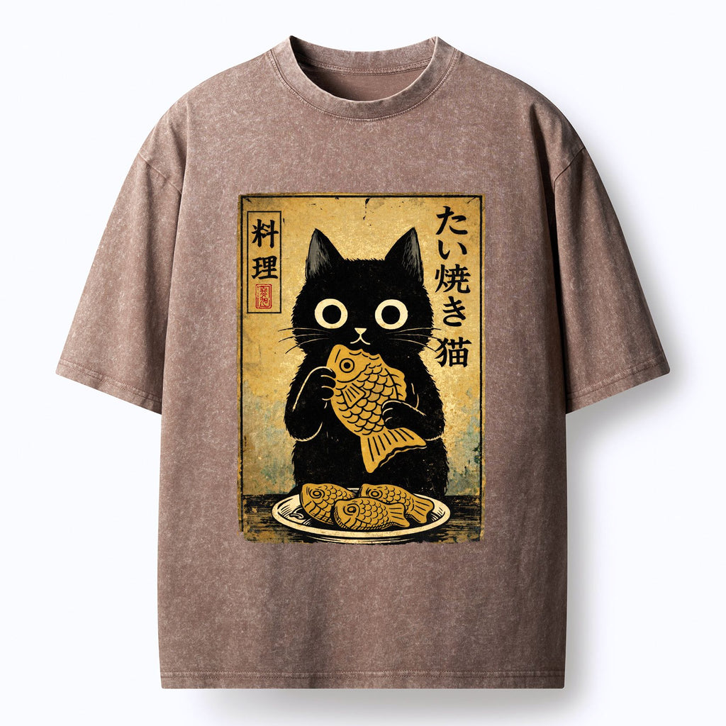 Kyoto-Lion Cute Black Cat Eating Taiyaki Washed T-Shirt